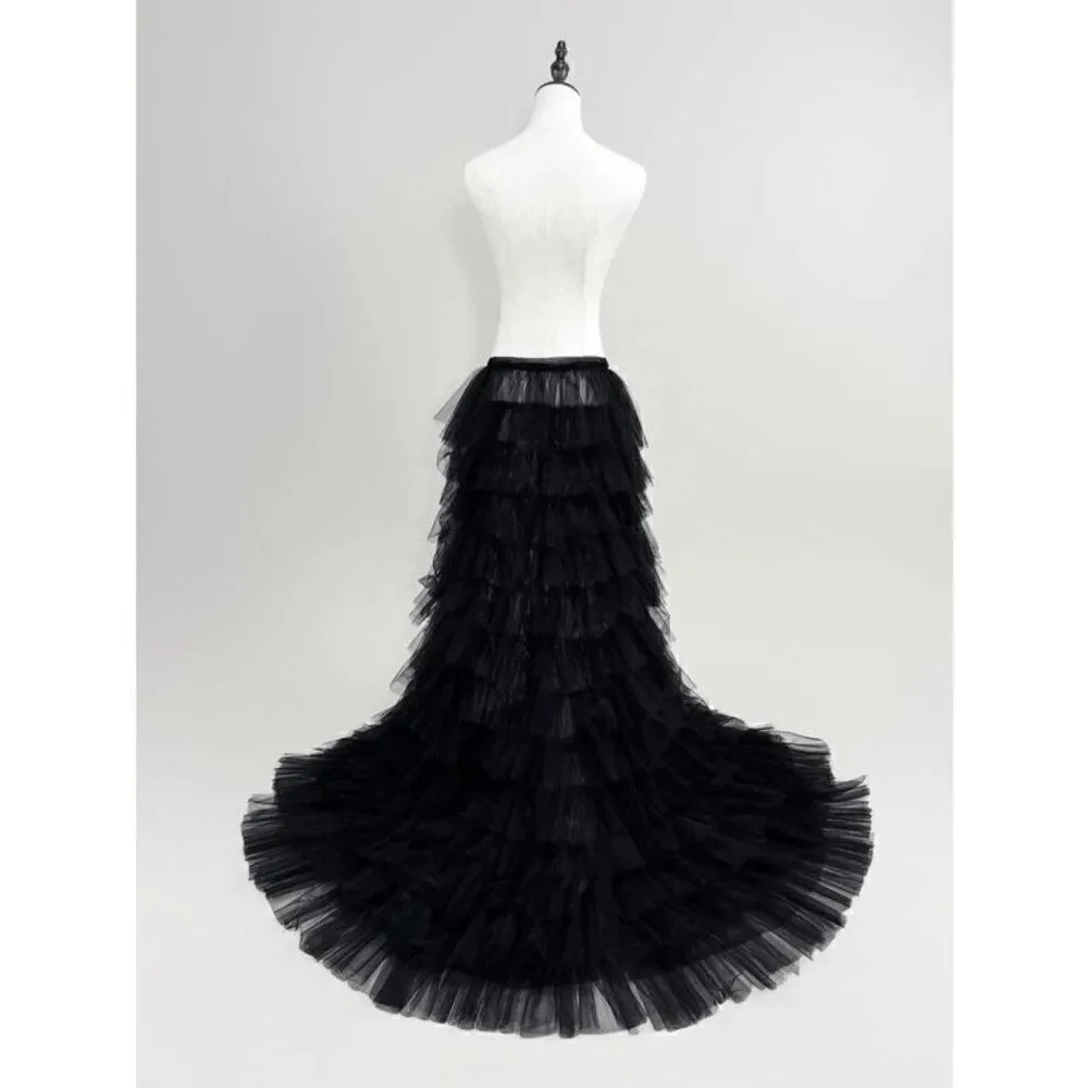 🖤 NEW Goth Tier Layered Tulle Mesh Petticoat Train Wrap Hi-Lo Black Open Skirt